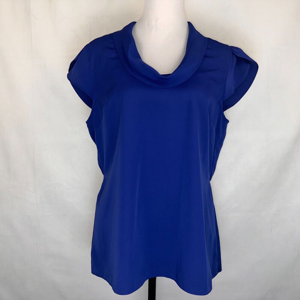 Banana Republic Top Sz L Blue Cowl Neck flutter sleeves back peplum